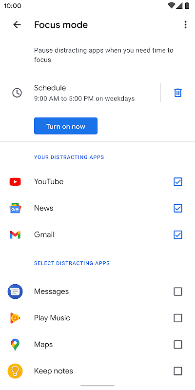 Écran de téléphone Google sur lequel sont affichées les options pour activer le mode Sans distractions