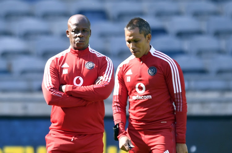 Orlando Pirates coaches Mandla Ncikazi and Fadlu Davids ahead of the DStv Premiership match against Stellenbosch FC at Orlando Stadium on August 21, 2021.