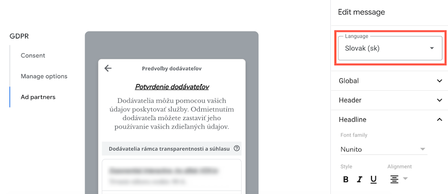 Kaip redaguoti pranešimo kalbą privatumo ir pranešimų skiltyje, sistemoje „Ad Manager“.