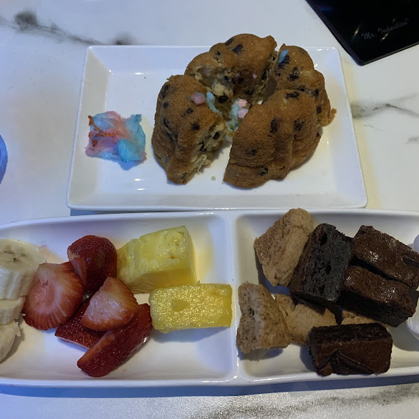 Dessert! Chocolate chip bunt cake GF, fruit, GF marshmallows cookies and brownies