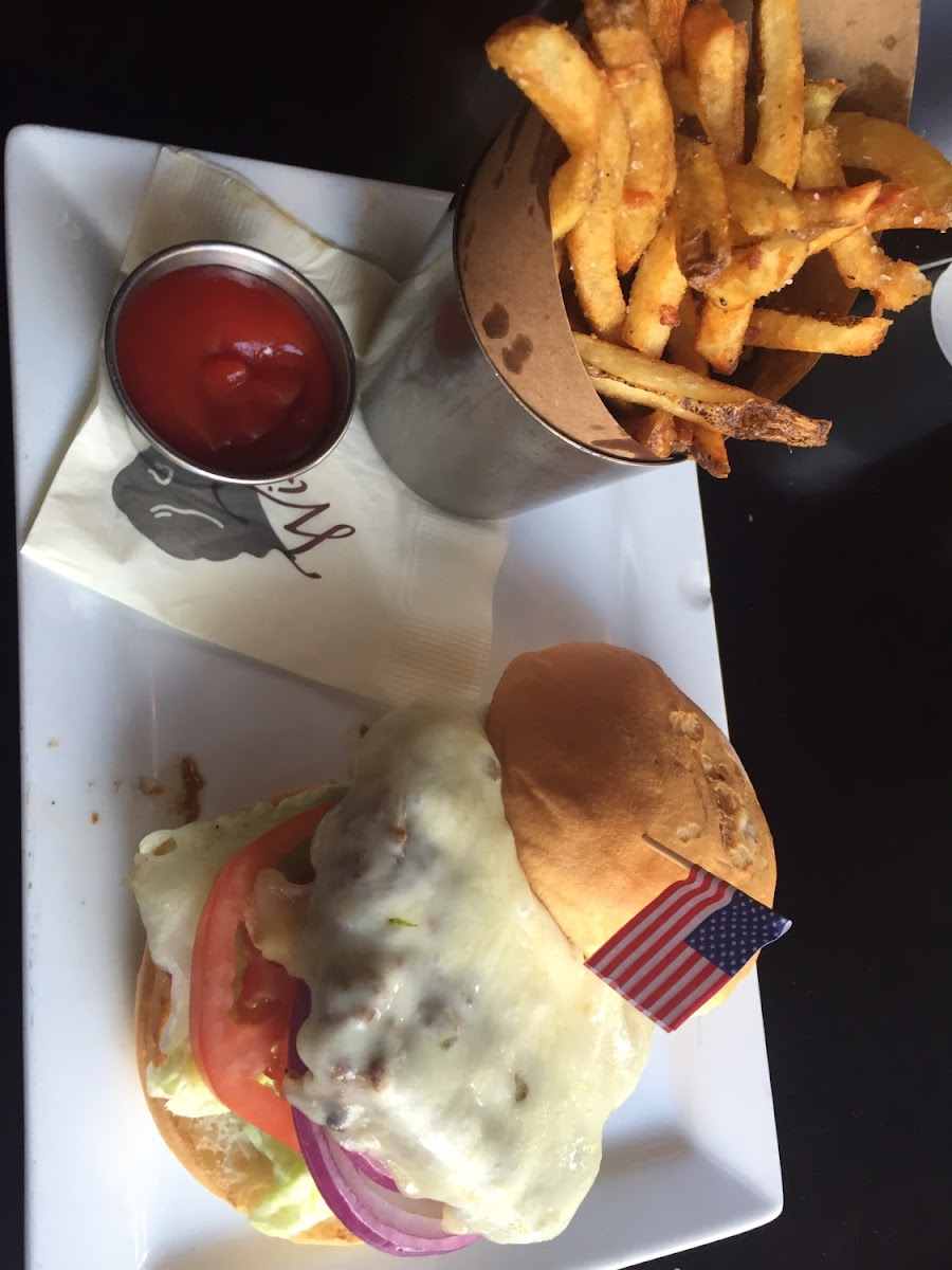 GF classic burger and fries. Flag denotes GF! Udis bun!