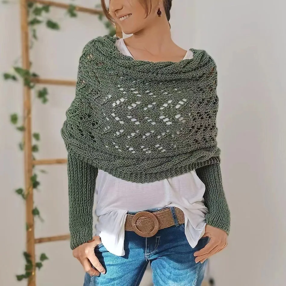 Châle tricoté chaud pour femmes, ajouré, Double manches, col châle, mode naturelle pour la maison et la fête, automne et hiver