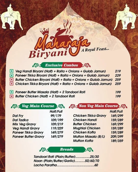 Maharaja Biryani menu 