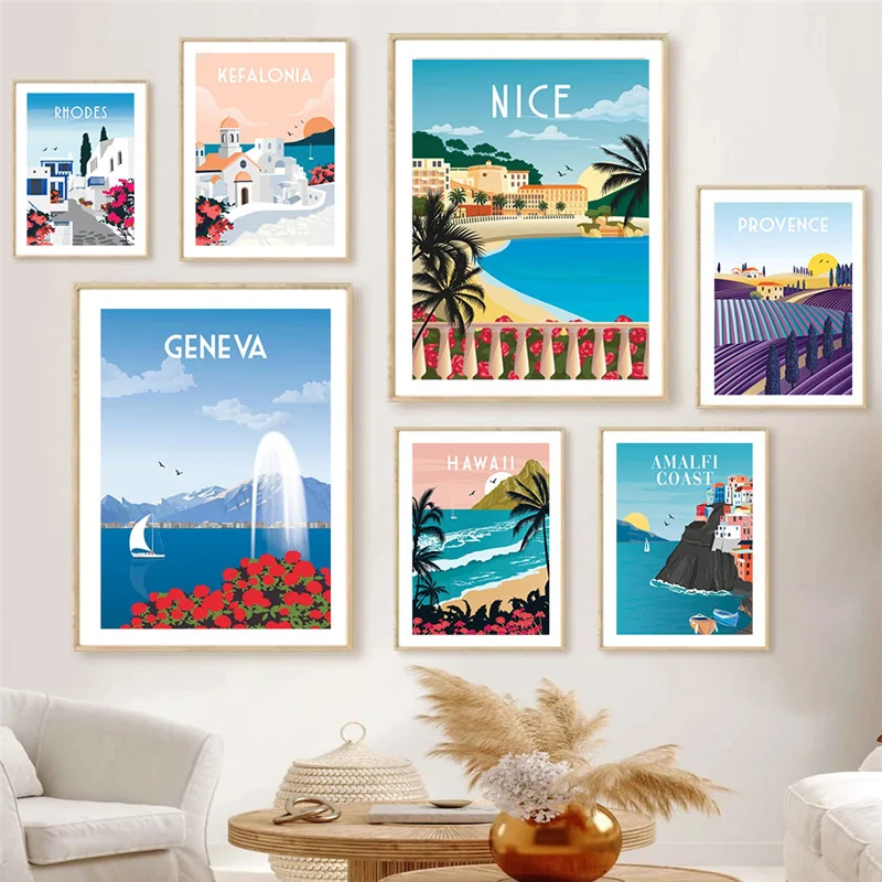 Reisaffiche Spanje, Turkije, Hawaii, Amalfikust, Griekenland. Canvas schilderij wanddecoratie voor in huis.