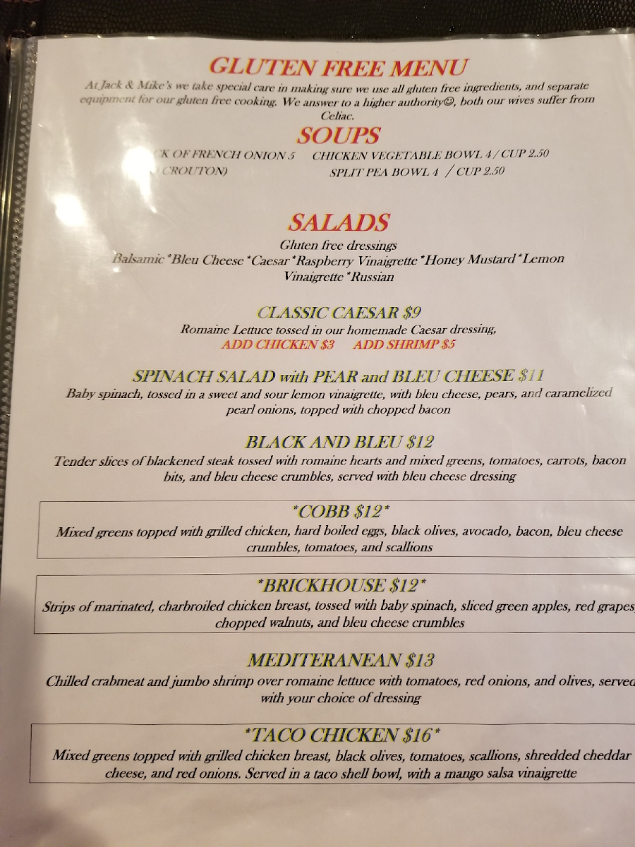 Jack and Mike's Restaurant Bar and Grille gluten-free menu