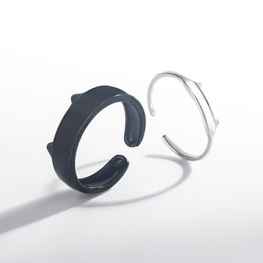 Title 2, Black White Cat Sterling Silver Couple Ring sym...