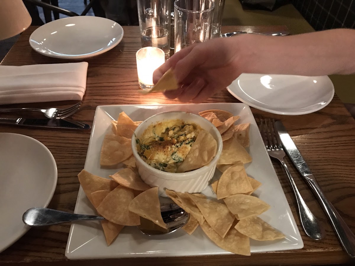 Chips with spinach / cheese dip.  Amazing!