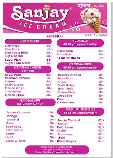 Natural Ice Cream menu 