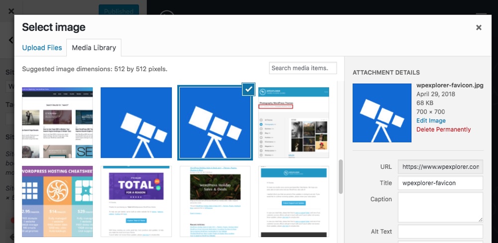 Selecione a imagem do ícone do site WordPress