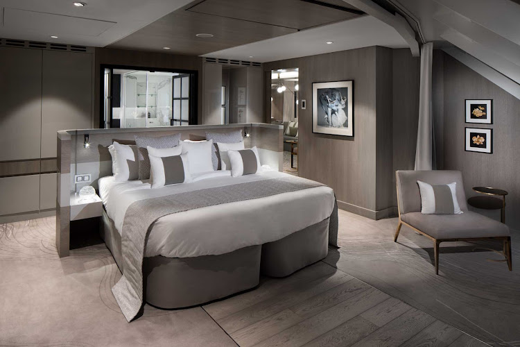 The master bedroom of the top-of-the-line Iconic Suite on Celebrity Edge.  