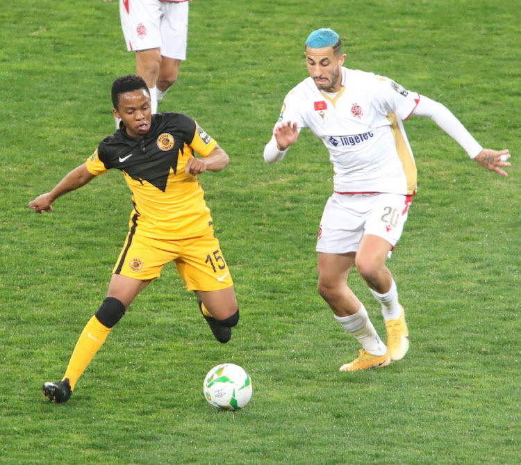 June 26 2021 Kaizer Chiefs Nkosingiphile Ngcobo, L, Aymane Hassouni of Wydad AC ,Morocco, during their CAF match at FNB Stadium in Johannesburg.