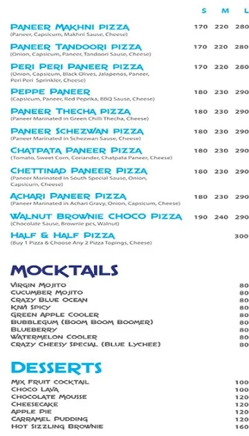 Crazy Cheesy menu 