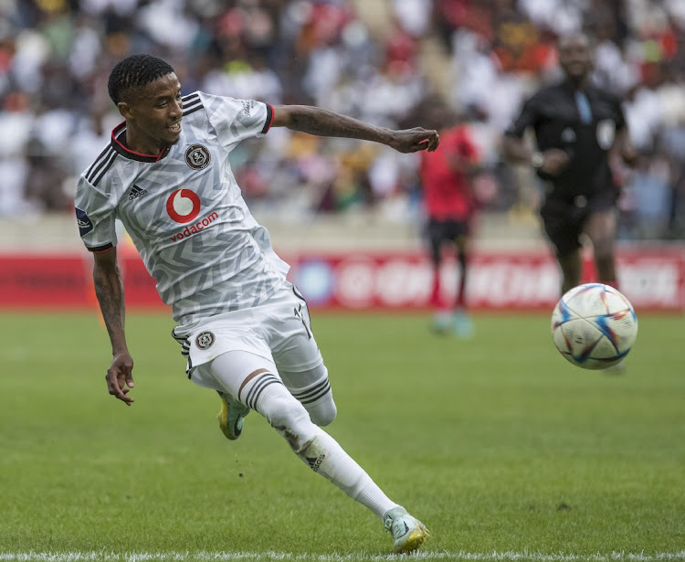 Monnapule Saleng of Orlando Pirates during the DStv Premiership 2022/23 game between TS Galaxy and Orlando Pirates at Mbombela Stadium in Mpumalanga on 30 April 2023.