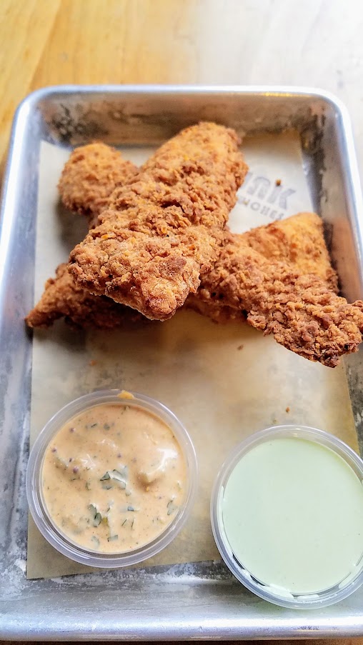 Bunk Bar at Water Ave, Buttermilk Fried Chicken Strips, boneless breast strips served up with ranch and remoulade sauces