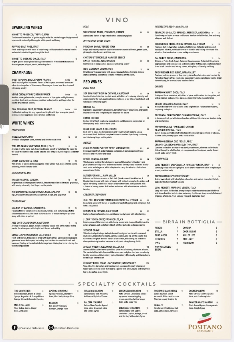 Positano Ristorante gluten-free menu