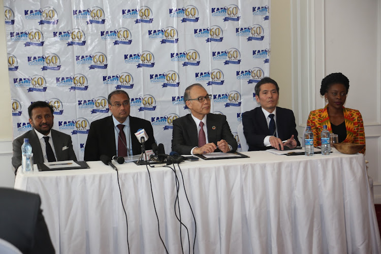 L-R:Meghraj Capital Chair Binoy Meghraj, KAM Chair Sachen Gudka, Japan Business Council for Africa Co-chair Yokoi Yasuhiko, Principal Technical Director Technical Cooperation METI Japan Asakura Daisuke and KAM CEO Phyllis Wakiaga/Courtesy