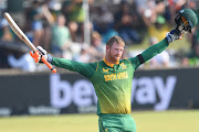 Heinrich Klaasen of the Proteas celebrates his century off 54 balls in the third ODI against the West Indies at Senwes Park in Potchefstroom on March 21 2023.