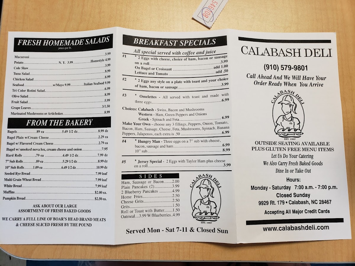 Calabash Deli gluten-free menu
