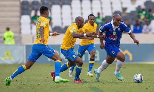 OUTPLAYED: Collins Mbesuma of Black Aces on the charge during the Nedbank Cup last eight match between Black Aces and Mamelodi Sundowns at Mbombela Stadium yesterday. Sundowns won the match 2-0 GALLO IMAGES