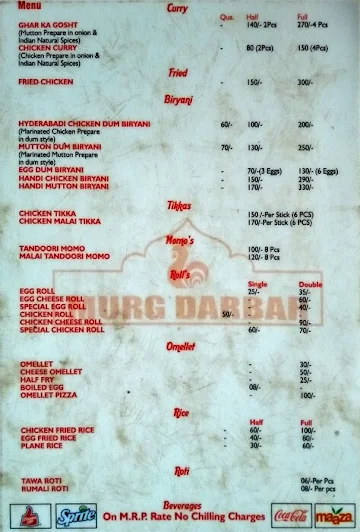 Murg Darbar menu 