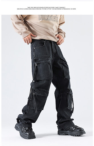 Title 15, Black workwear multi-pocket straight-leg pants ...