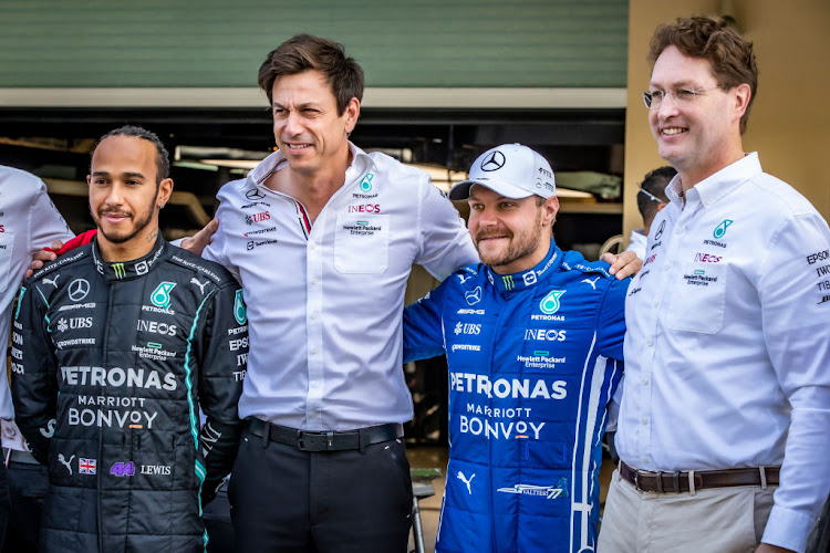 Members of the Mercedes AMG Petronas F1 Team, Lewis Hamilton, Valtteri Bottas, Toto Wolff and Mercedes CEO Sten Ola Källenius