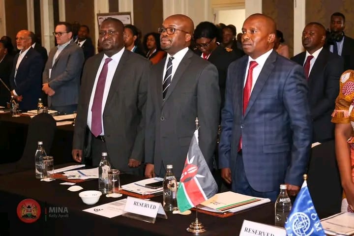 Interior Principal Secretary Raymond Omollo with Interior Cabinet Secretary Kithure Kindiki during the inaugural National Border Management Conference at Kempinski in Nairobi on April 2, 2024.