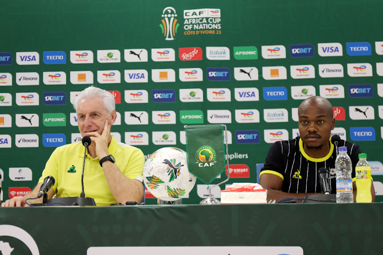 Bafana Bafana coach Hugo Broos with Percy Tau during the 2023 Africa Cup of Nations finals South Africa press conference at Amadou Gon Coulibaly Stadium in Korhogo on January 15 2024.