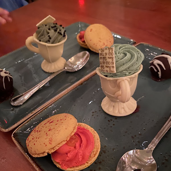 Gluten free dessert trio: lemon raspberry macaron, chip cup filled with "the grey stuff" & a chocolate truffle