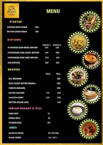 Devi's Biryani menu 