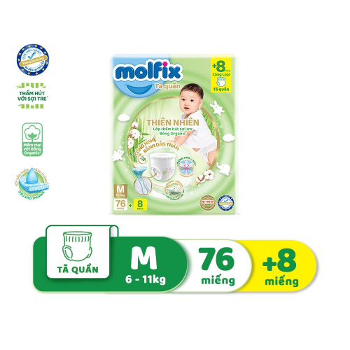 Tã quần Molfix Thiên nhiên Ultra M Gói 76+8 miếng (6-11kg)