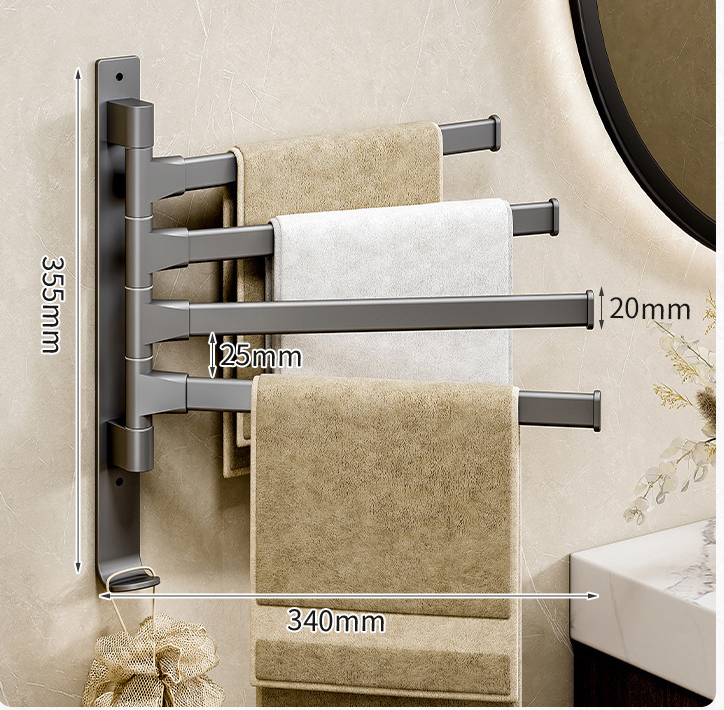 Punch-free rotating multi-bar space aluminum towel rod for bathroom, offering space-saving design and easy installation,