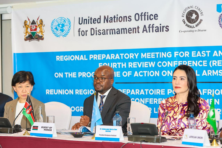 Interior PS Raymond Omollo flanked by participants at the start of two-day Regional Preparatory Meeting on Small Arms & Light Weapons in Nairobi, February 4, 2024.