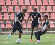 Orlando Pirates players Bienvenu Eva Nga, new Cameroonian striker Souaibou Marou and Paseka Mako at training for the next match against Stellenbosch at Orlando Stadium.