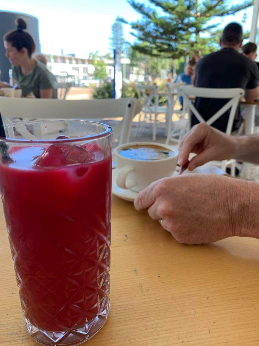 Beetroot drink to tangle the tastebuds with deliousness - gave me a pep in my step all day! Hubby’s long black hit the spot too.