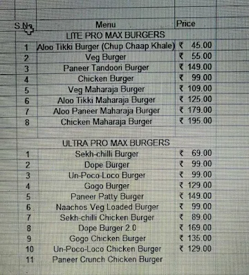 The Big Burger Theory menu 