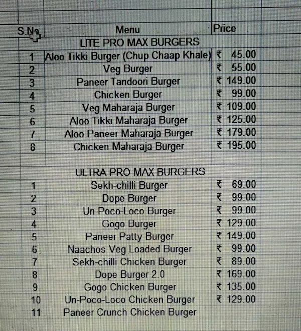 The Big Burger Theory menu 