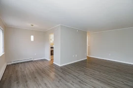 Living room open to the dining area with wood-inspired flooring and gray walls with white trim