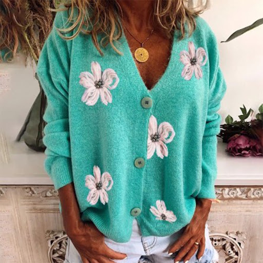 Title 3, Womens Long-sleeved Cardigan Embroidered V-nec...