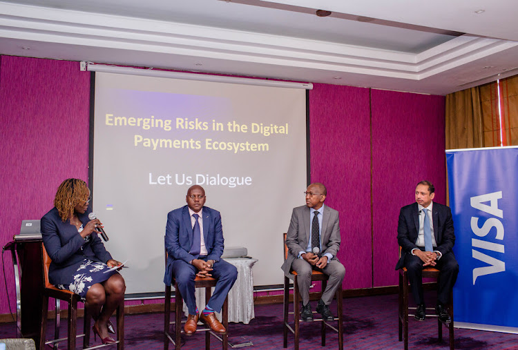 Head of Risk in Sub–Saharan Africa Irene Auma, chief corporate security officer at Safaricom PLC Nicholas Mulila, KBA director of technical Service Fidelis Muia and the senior vice president regional risk officer, CEMEA, Visa Charles Lobo.