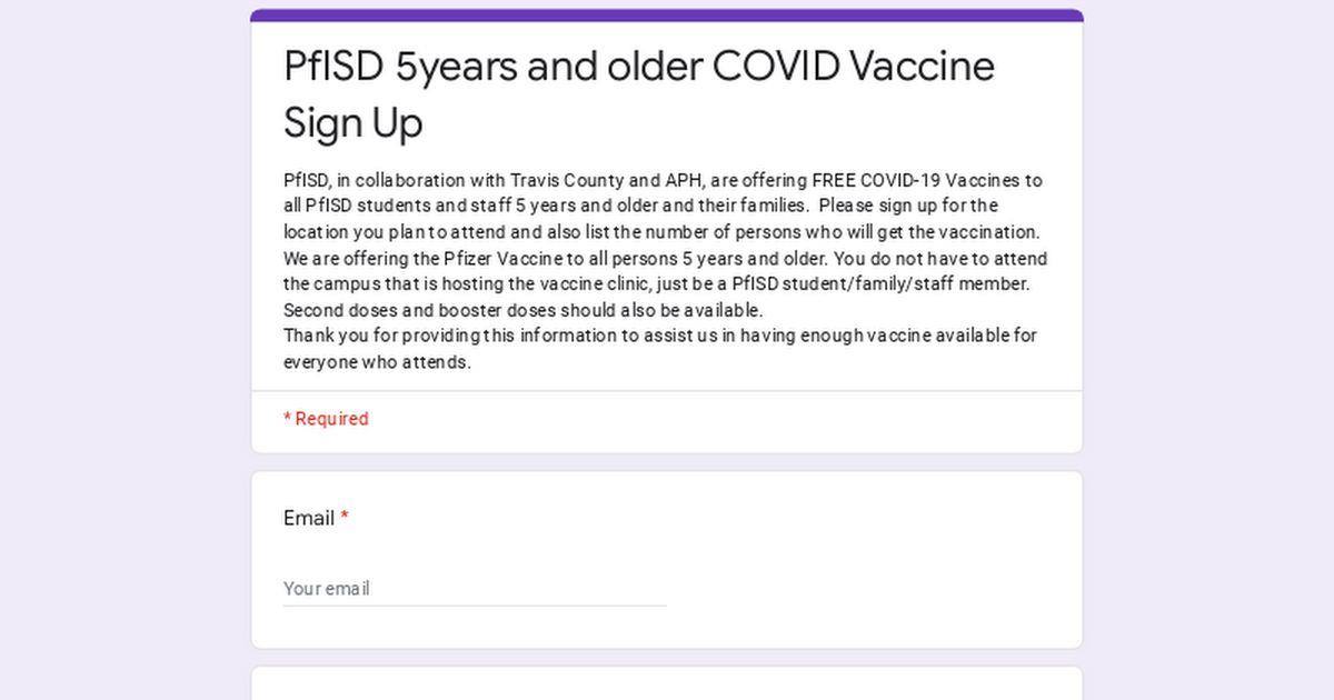 PfISD 5years and older COVID Vaccine Sign Up