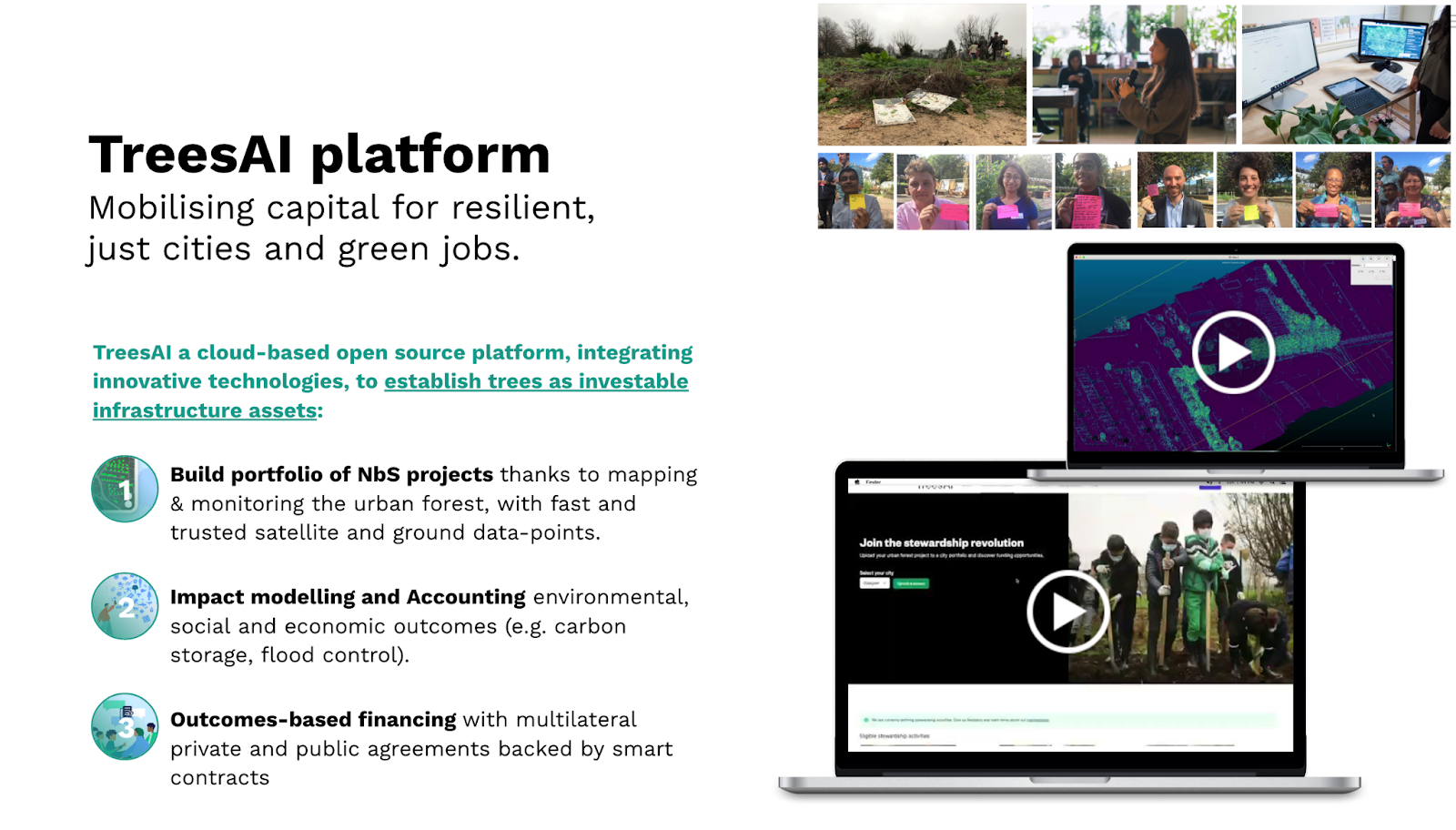 Diagram showing the TreesAI platform with three main points: 1 - Build portfolio of NbS projects. 2 - Impact modelling and Accounting. 3 - Outcomes-based financing.