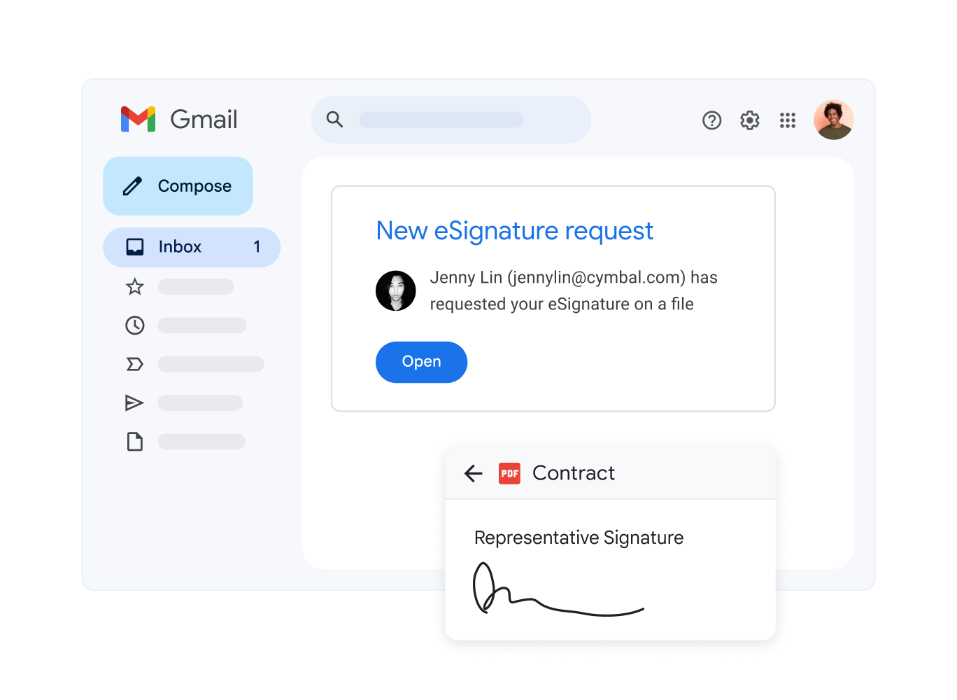 Stylised UI shows a pop-up for an eSignature that's been requested.
