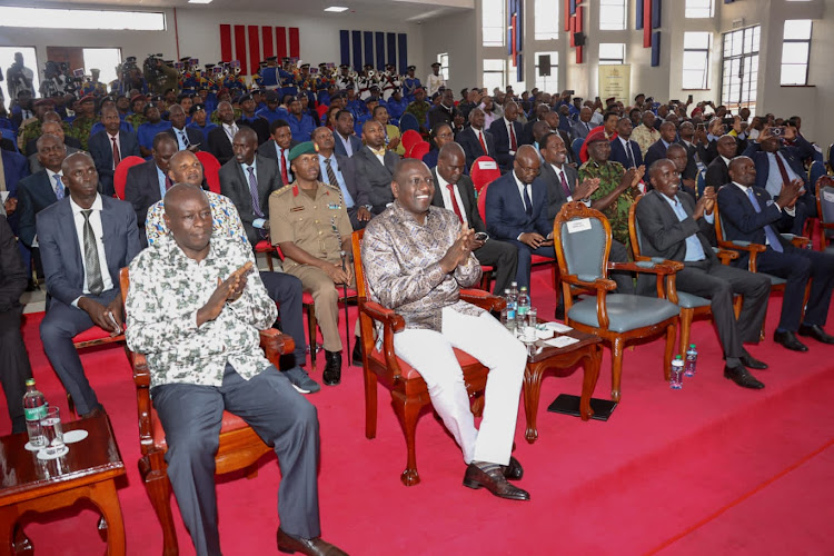 DP Rigathi Gachagua , President Willliam Ruto and Kajiado Governor Joseph Ole Lenku at the official opening of the National Police Leadership Academy in Ngong on December 21