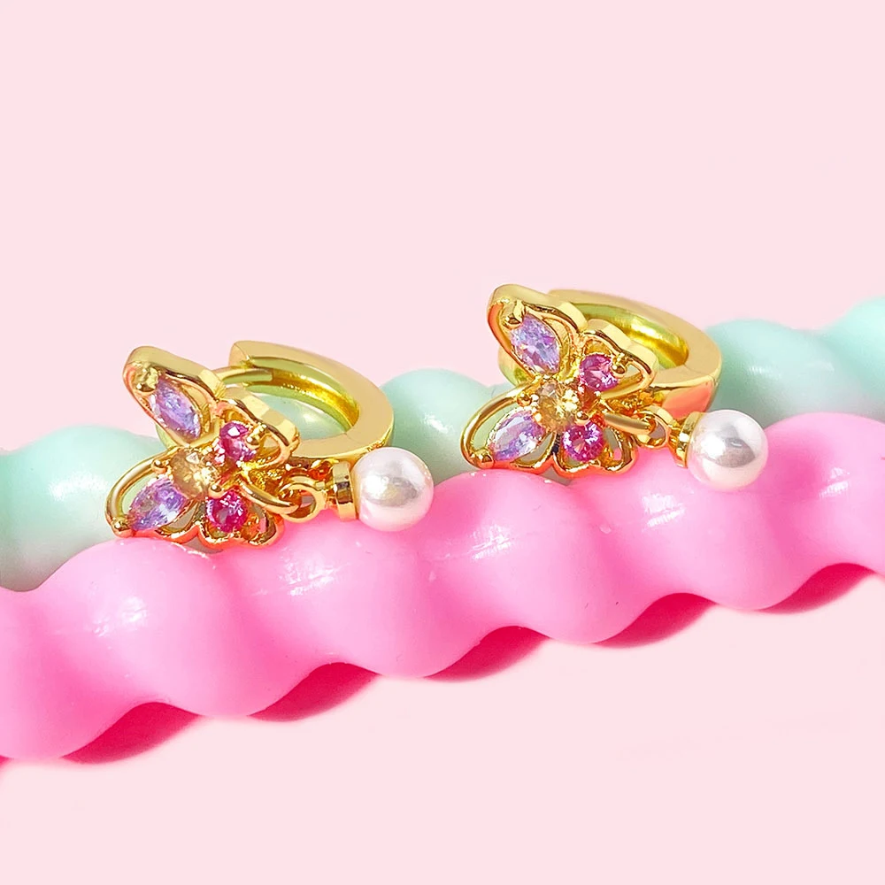 Title 3, Butterfly Color Zircon Pearl Earrings Sweet Lig...