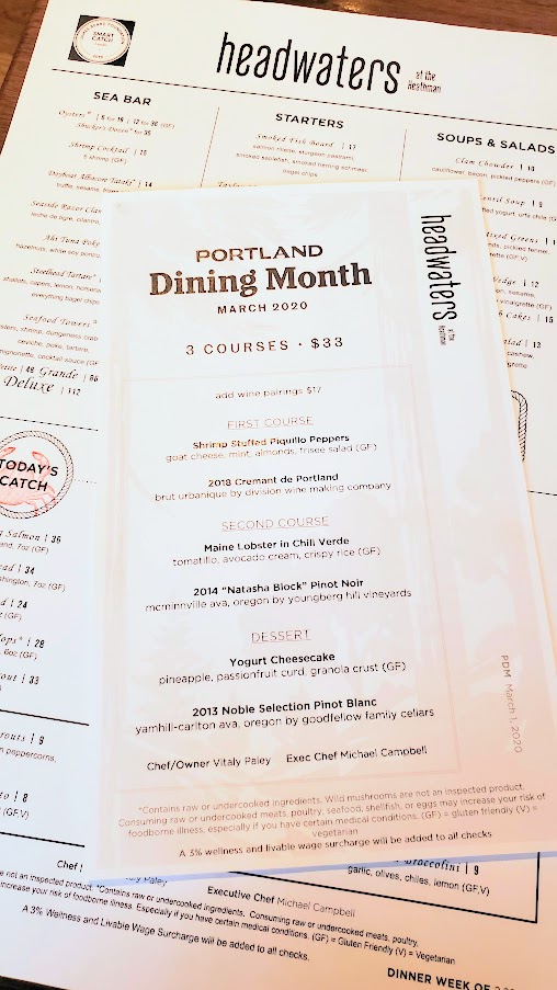 Portland Dining Month 2020 at Headwaters menu, 3 courses for $33 all month long, with an optional $17 to get a pairing for all 3 courses of local Oregon wines