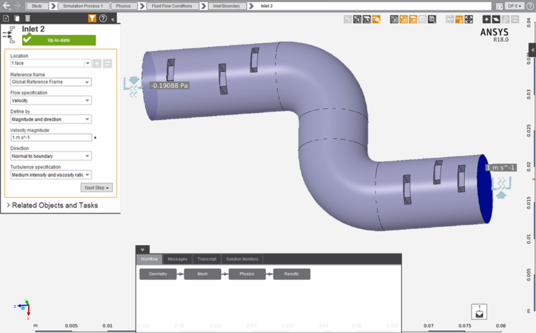 ANSYS Задание скорости потока во входном сечении и статического давления в выходном сечении