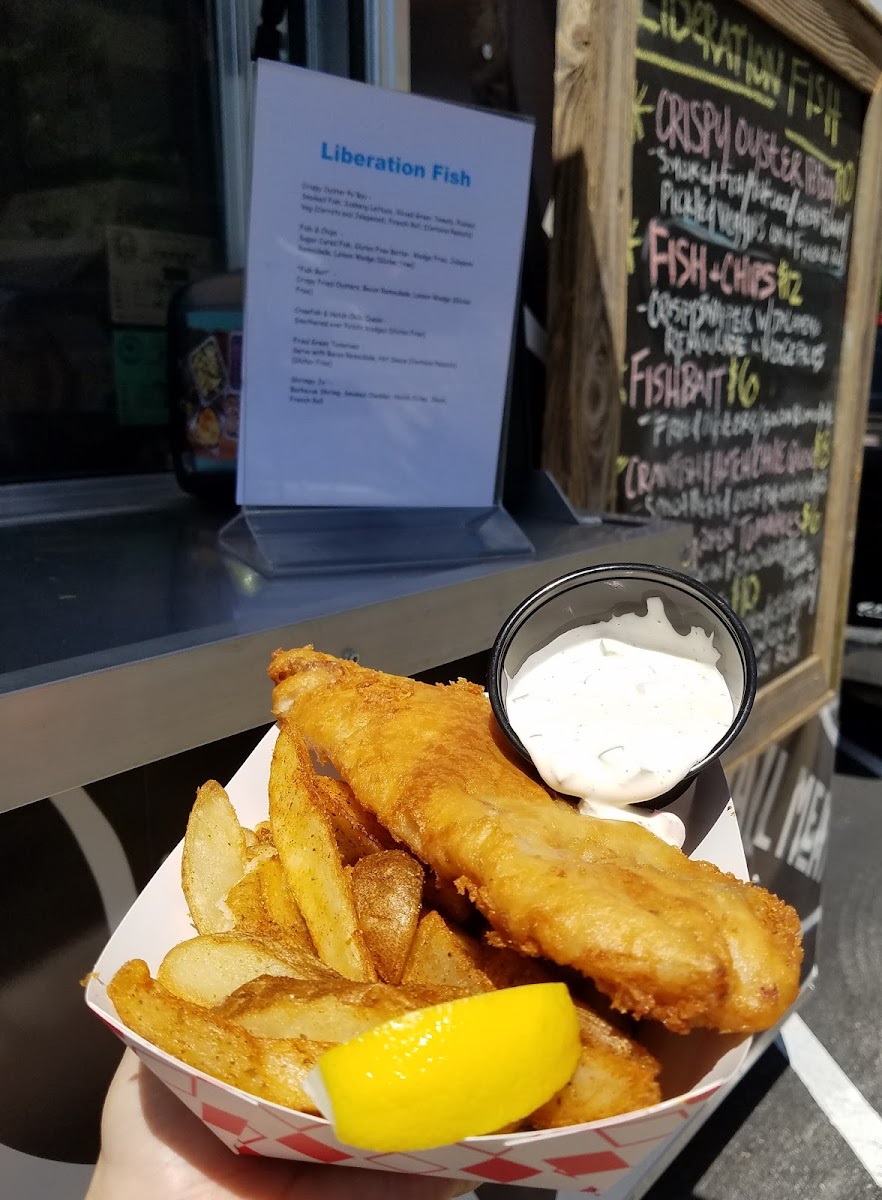 Sugar Cured Gulf Red Fish & Chips with Jalapeno Remoulade and Old Bay Wedge Fries