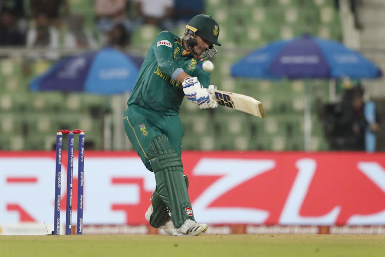 Quinton de Kock plays a shot in the Proteas' 2023 World Cup warm-up match against New Zealand at Greenfield Stadium in Thiruvananthapuram, India on Monday.