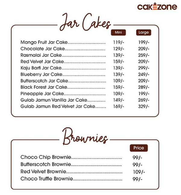 CakeZone menu 